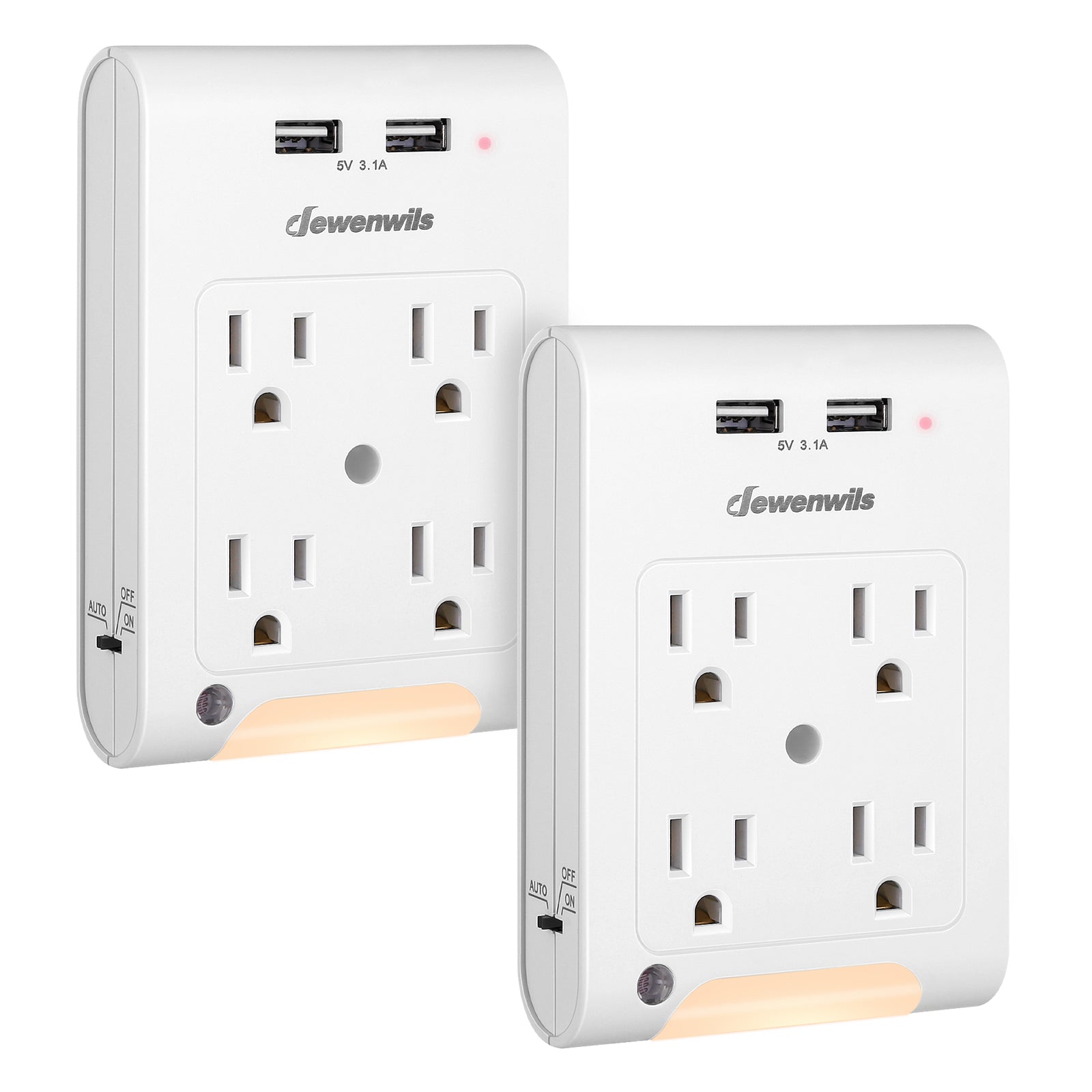 2 Pack 3 Outlet Wall Plug With Sensor Night Light Grounded AC