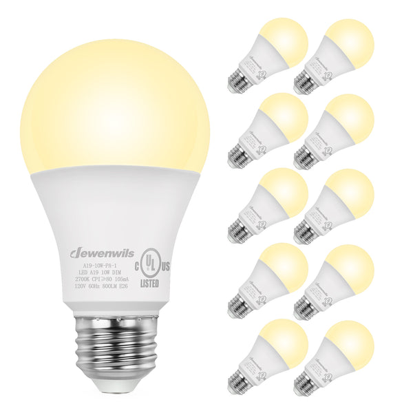 DEWENWILS 10-Pack Dimmable LED A19 Light Bulb, Soft White Light with Warm Glow, 800 Lumen, 2700K, 10W (60 Watt Equivalent), E26 Medium Screw Base-HDLA19K