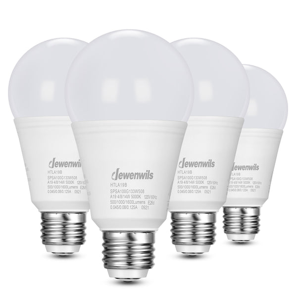 DEWENWILS 3-Way LED Light Bulbs, 40/60/100W Equivalent, A19 LED Bulbs, 5000K Daylight White Glow, E26 Medium Base, 500/1000/1600LM Bright Light Bulbs, Non-dimmable (4-Pack)-HTLA19B