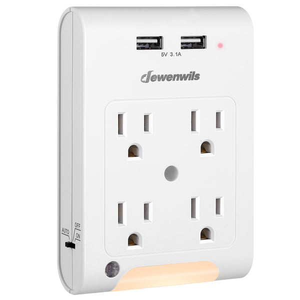 DEWENWILS 4-Outlet Extender, Wall Outlet Adapter with 2 USB Ports (3.1A Total), Light Sensor Night Light, 1080 Joules Surge Protector-HOU402C
