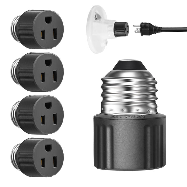 DEWENWILS Light Socket to Plug Adapter 3 Prong, E26/E27 Light Bulb Outlet Socket Adapter, 2 & 3 Prong Plug Adapter, Light Socket Adapter for Porch Patio Garage (4 Pack)-HLSC04B