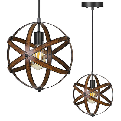 DEWENWILS Farmhouse Pendant Light, Hanging Light Fixtures Ceiling Mount, Industrial Globe Wood Grain Paint, with Adjustable 6.6FT Rod, for Kitchen Island, Entryway, Living Room, Stairway-HHPL02A