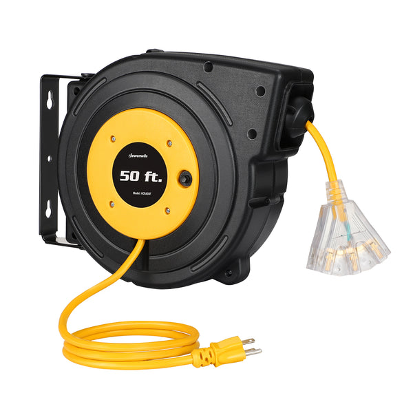 DEWENWILS 50ft Retractable Extension Cord Reel, Power Cord Reel with 14AWG/3C SJTOW, 13A Circuit Breaker, Wall/Ceiling Mounted, 3-Lighted Triple Outlets for Garage, Workshop, UL Listed, Yellow-HCRA50F