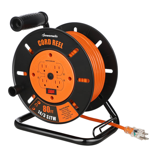 DEWENWILS 80ft Retractable Extension Cord Reel, Heavy Duty Open Cord Reel for Indoor Outdoor, 14/3 AWG SJTW, 4 Grounded Outlets, 13 Amp Circuit Breaker,Handle Rewind, Metal Stand, ETL Listed-HCRB80C