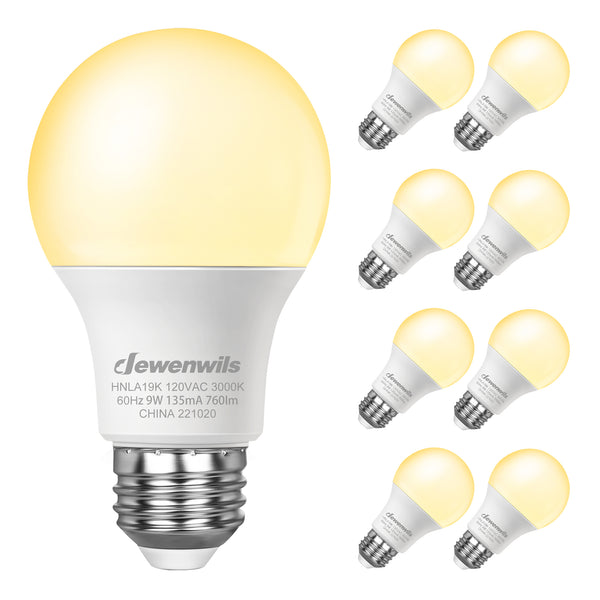 DEWENWILS 8-Pack A19 LED Light Bulb, 760LM, 3000K Soft Warm Light Bulb, Energy Saving 9W(60W Equivalent) LED Bulb, E26 Medium Screw Base, Non Dimmable-HNLA19K