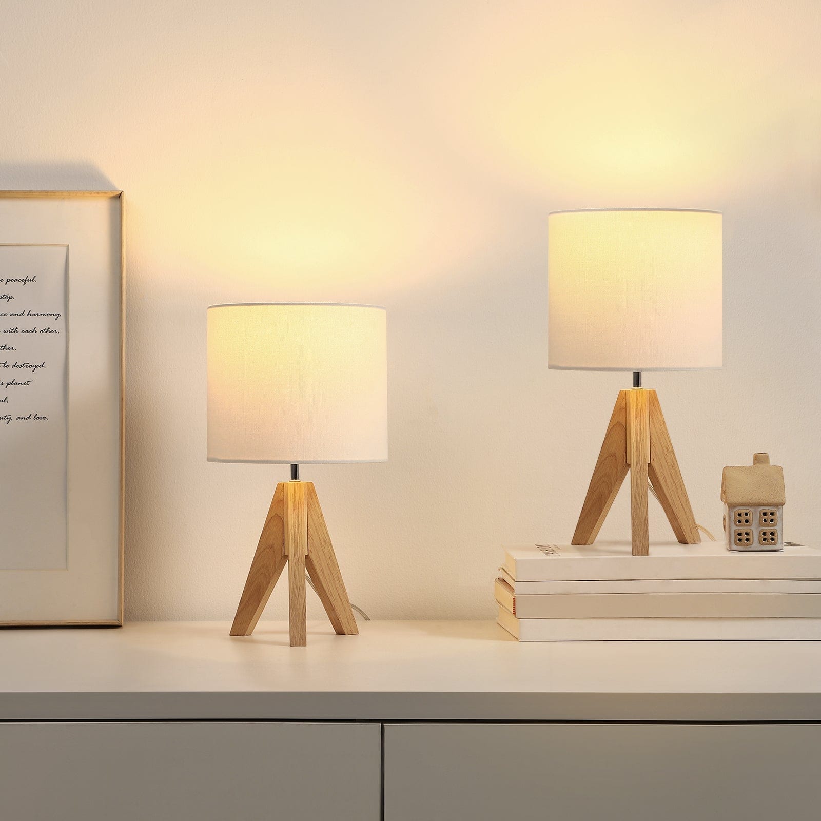 Pack Small Table Lamp, Wooden Tripod Bedside Lamp With Linen