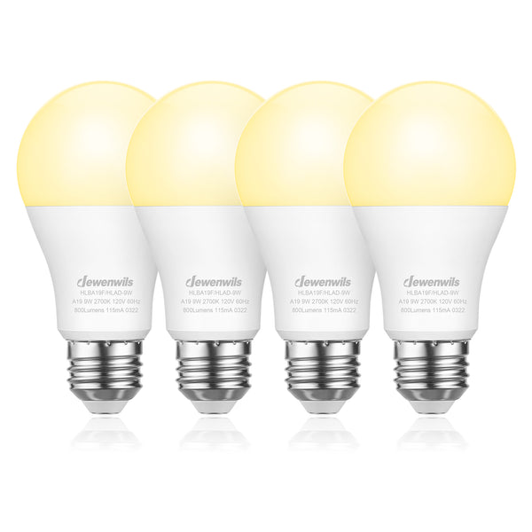 DEWENWILS Dusk to Dawn Light Bulbs, Outdoor LED Light Bulb Automatic On/Off, 2700K Warm White Glow, 800LM Bright Light Bulb, 9W(60W Equivalent), E26 Base (4-Pack)-HLBA19F