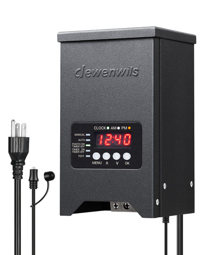 DEWENWILS 200W Low Voltage Landscape Transformer, 120V to 12V/15VAC, Landscape Lighting Transformer, Dusk to Dawn Sensor & Timer, Weatherproof Low Voltage Transformer for Spotlight, Pathway Light-HCLT04H