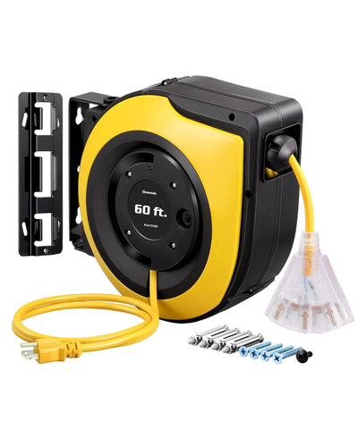 DEWENWILS 60ft Retractable Cord Reel, Heavy Duty Extension Cord, 12AWG/3C SJTOW, 3 Grounded Outlets Lighted Triple Tap, 15A Circuit Breaker, Wall/Ceiling Mounted for Garage, Workshop-HCRA60F