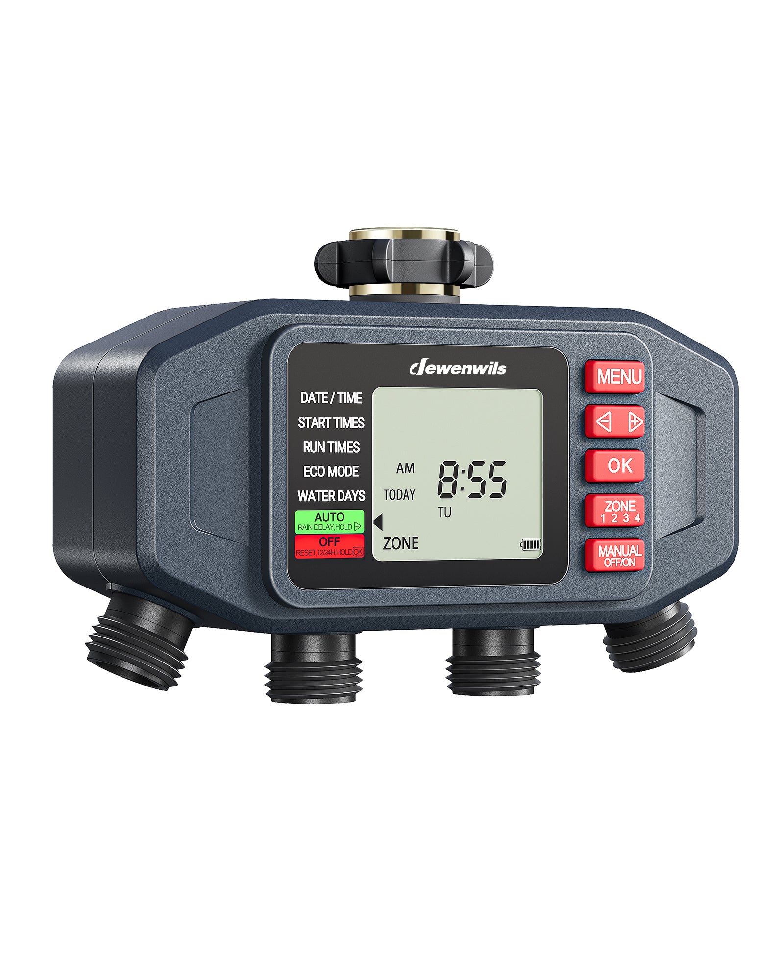 DEWENWlLS Sprinkler Timer, 4 Zone, Outdoor Faucet lrigation, Rain