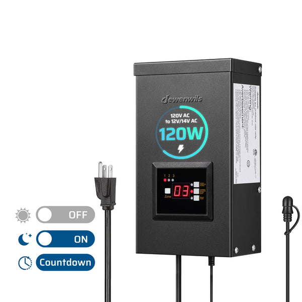 DEWENWILS 120W Low Voltage Transformer with 3 Independent Control Outputs with Timer and Photocell Sensor, 120V AC to 12V/14V AC-HOSL03E