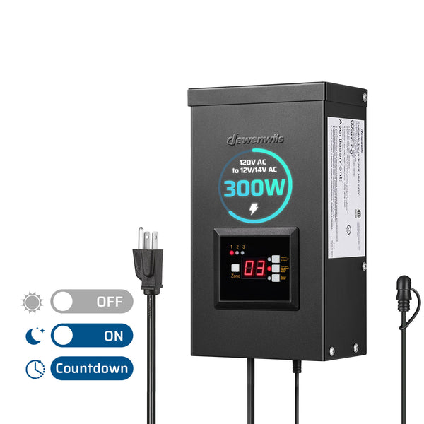 DEWENWILS 300W Outdoor Low Voltage Transformer with Timer and Photocell Sensor, 120V AC to 12V/14V AC, 3 Individually Controlled Outputs, Weatherproof for Landscaping Light, Spotlight, ETL Listed-SHOSL05E
