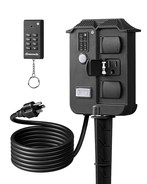 DEWENWILS 100ft Remote Control Power Stake Timer, 6 Grounded Outlets, 6FT Extension Cord, Photocell Dusk to Dawn-HOYS16G