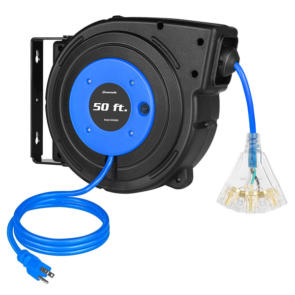 DEWENWILS 50ft Retractable Extension Cord Reel, Electric Cord Reel with 14AWG/3C SJTOW, 13A Circuit Breaker, Wall/Ceiling Mounted, 3-Lighted Triple Outlets, Blue Black-SHCRA50D