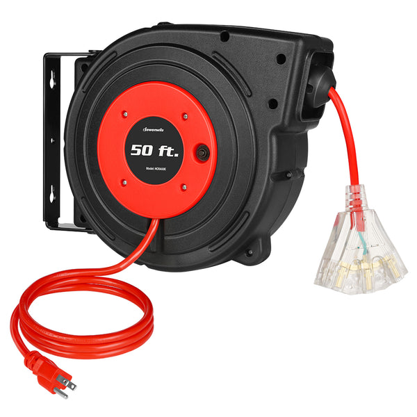 DEWENWILS 50ft Retractable Extension Cord Reel, Power Cord Reel with 14AWG/3C SJTOW, 13A Circuit Breaker, Wall/Ceiling Mounted, 3-Lighted Triple Outlets for Garage, Workshop, Red Black-SHCRA50E