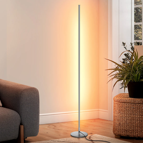 DEWENWILS LED Corner Floor Lamp, 57.5" Minimalist Dimmable Mood Lighting, Standing Tall Floor Lamp for Living Room, Bedroom, Home Office, 3000K Warm White Light (Silver)-HLFL02E1