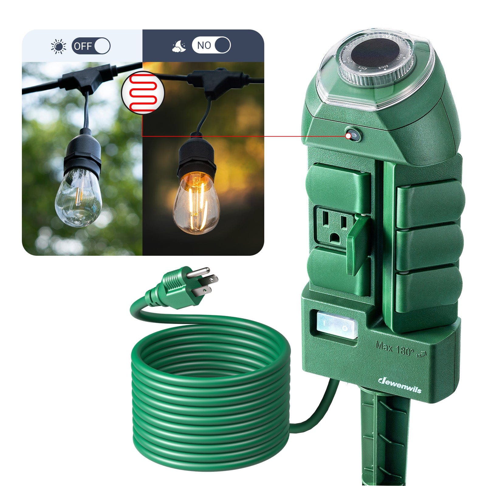 DEWENWILS Outdoor Power Strip Timer with Photocell, Yard Stake Timer Dusk to Dawn, Weatherproof Countdown Light Timer, 6 Outlets 10ft Cord for Outdoor Lights, Sprinklers, Garden, 1875W/15A-HOYS16C