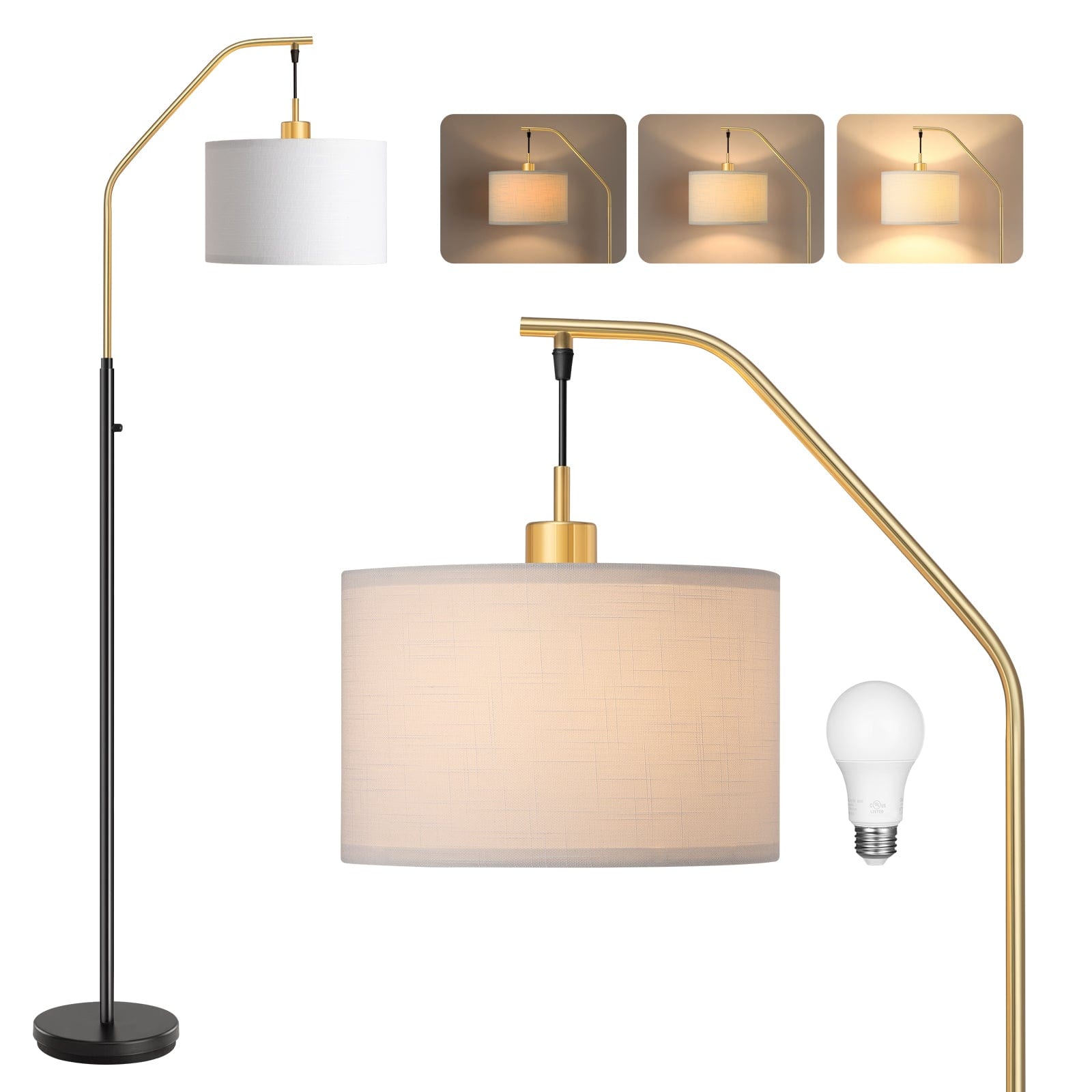 DEWENWILS Modern Gold Arched Floor Lamp, Stepless Dimmable Standing Tall Light with Hanging Shade, Corner Arc Reading Lamp for Living Room, Bedroom, Office, Bright 10W LED Bulb Included (Gold)-HLFL04L