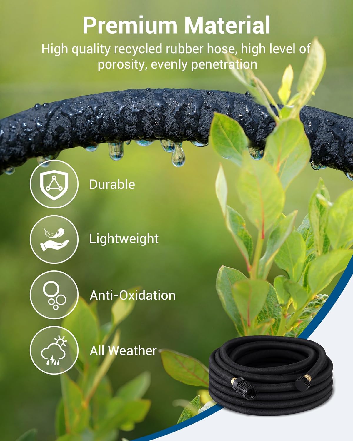 Soaker Hose: premium recycled rubber hose with high porosity for even water penetration, durable, lightweight, anti-oxidation, and all-weather use