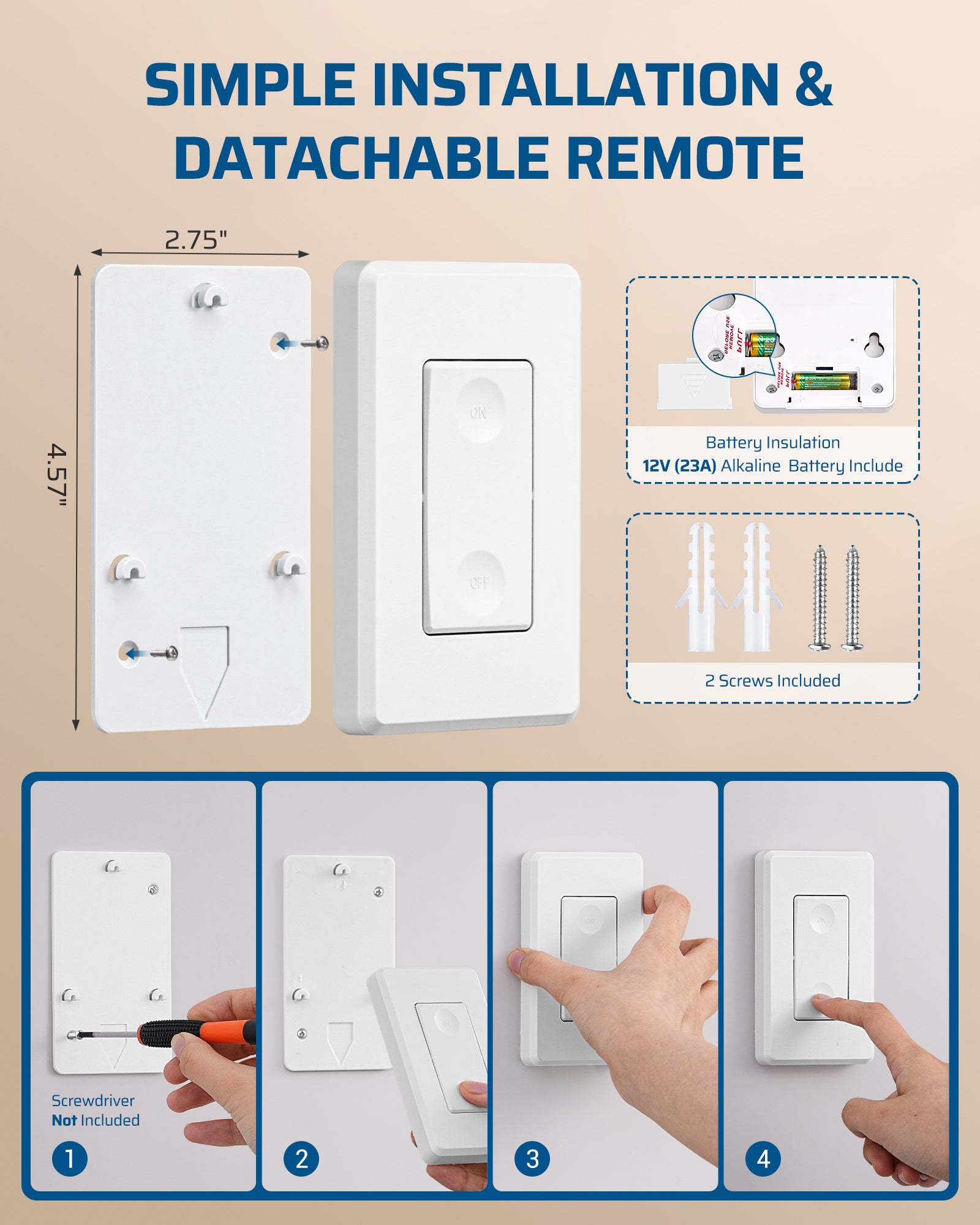 DEWENWILS 3 Way Wireless Light Switch and Receiver Kit, 15A/1800W, Remote Light Switch, Wall Switch Lighting Fixture for Ceiling Lights, Fans, Lamps,100FT RF Range, Pre-Programmed-HWLS21N
