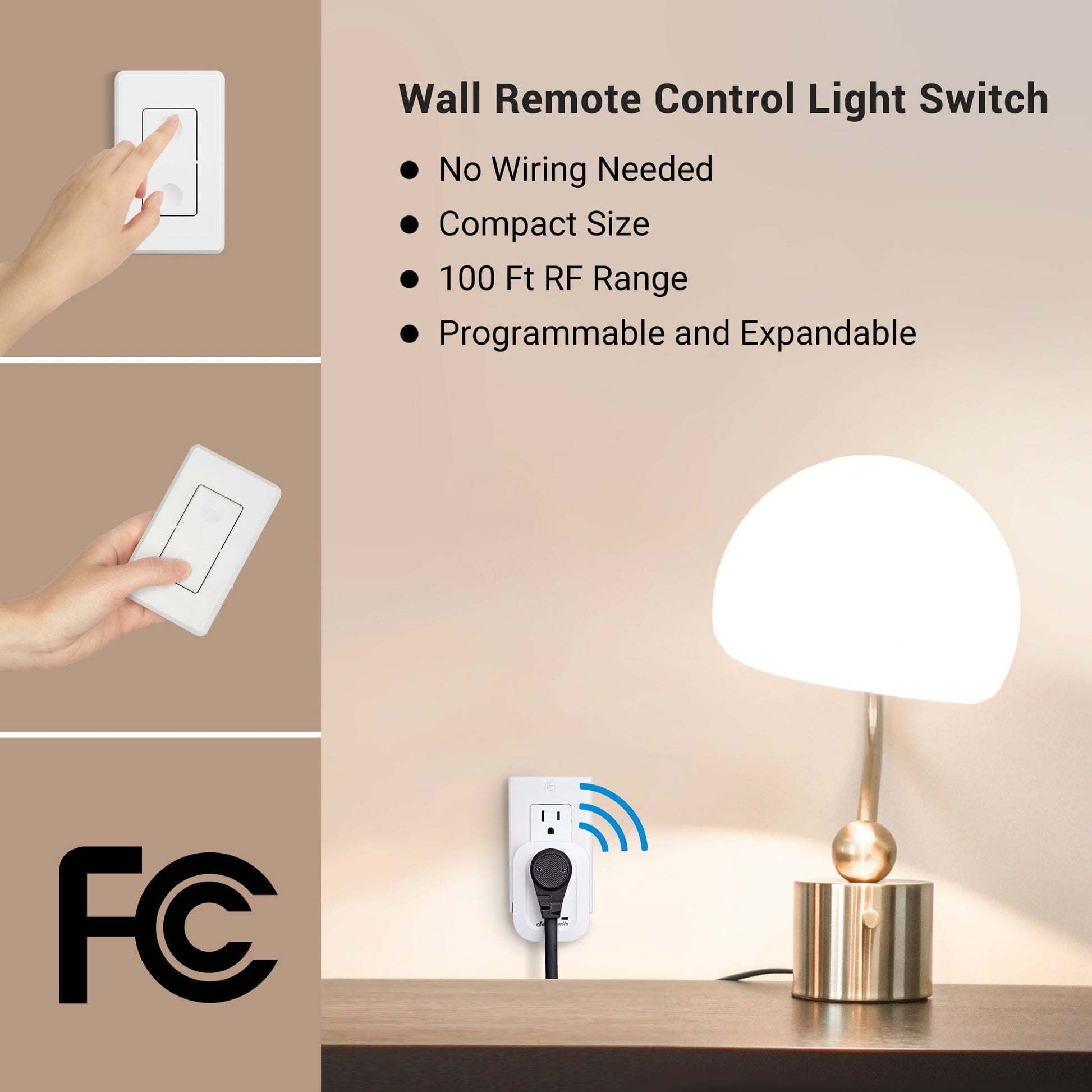 Remote Control Outlet: wireless wall switch with no wiring needed, compact design, 100ft RF range, programmable and expandable for flexible home lighting control