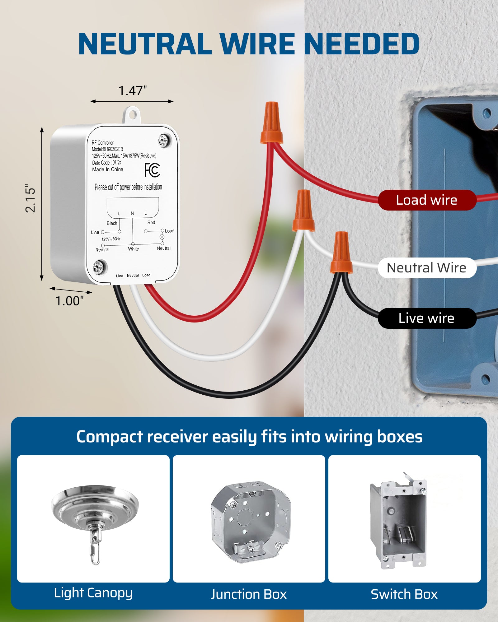 DEWENWILS 3 Way Wireless Light Switch and Receiver Kit, 15A/1800W, Remote Light Switch, Wall Switch Lighting Fixture for Ceiling Lights, Fans, Lamps,100FT RF Range, Pre-Programmed-HWLS21N