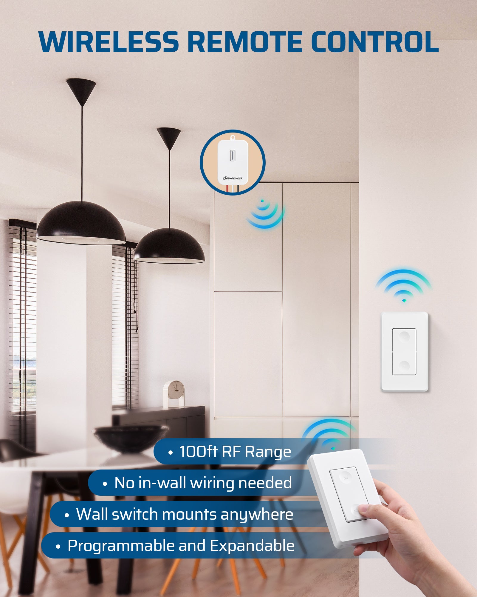 DEWENWILS 3 Way Wireless Light Switch and Receiver Kit, 15A/1800W, Remote Light Switch, Wall Switch Lighting Fixture for Ceiling Lights, Fans, Lamps,100FT RF Range, Pre-Programmed-HWLS21N