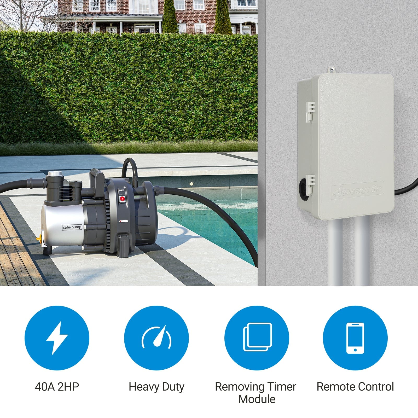 DEWENWILS pool timer: Features a 40A/2HP rating for high-power loads. Includes a removable timer module for easy remote control and maintenance access.
