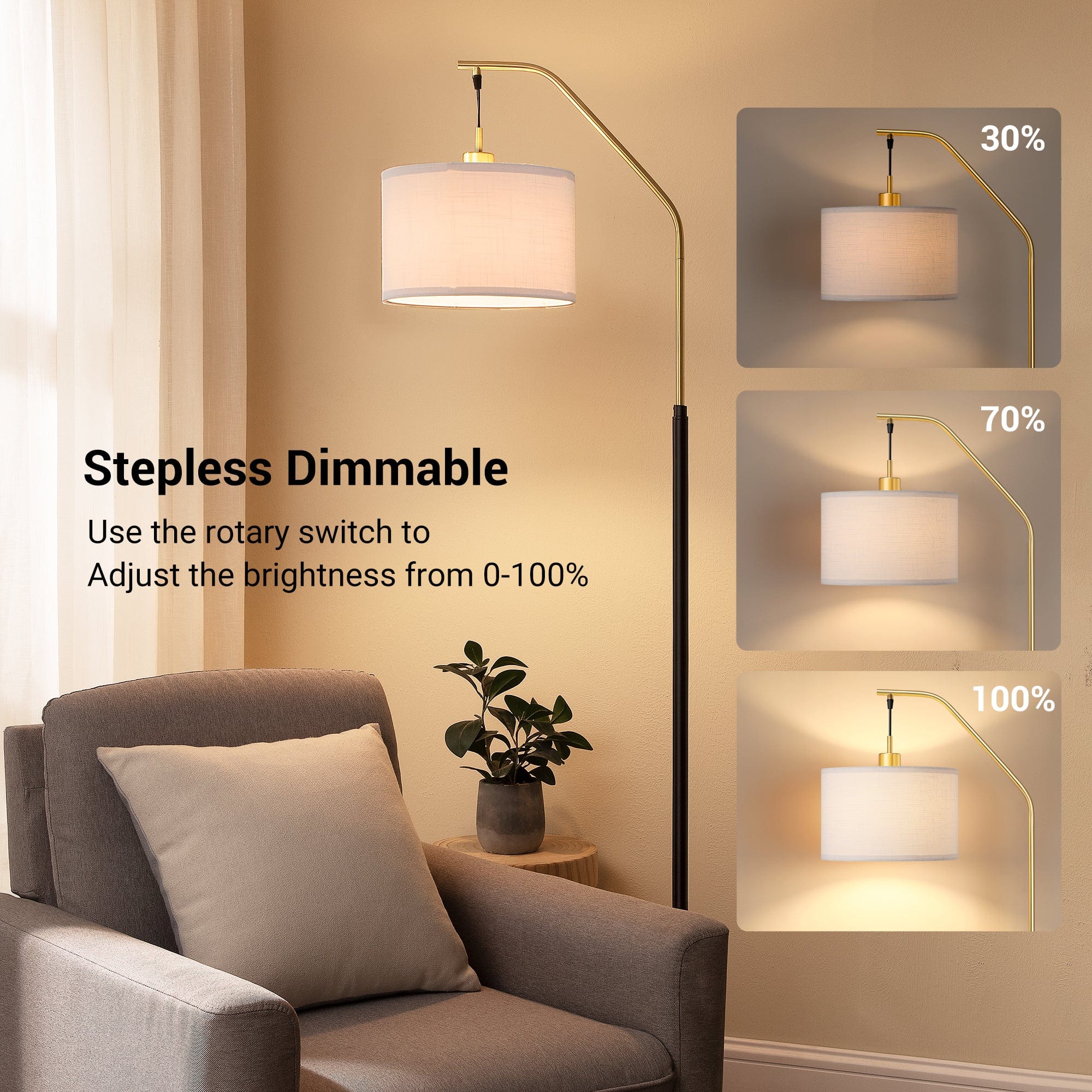 DEWENWILS Modern Gold Arched Floor Lamp, Stepless Dimmable Standing Tall Light with Hanging Shade, Corner Arc Reading Lamp for Living Room, Bedroom, Office, Bright 10W LED Bulb Included (Gold)-HLFL04L