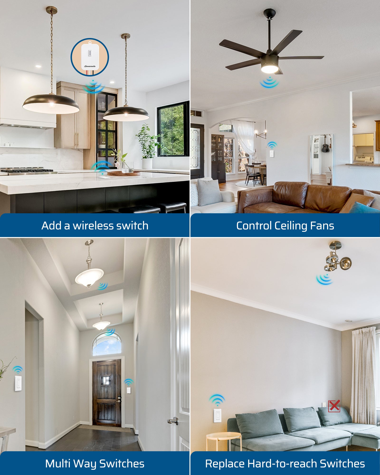 DEWENWILS 3 Way Wireless Light Switch and Receiver Kit, 15A/1800W, Remote Light Switch, Wall Switch Lighting Fixture for Ceiling Lights, Fans, Lamps,100FT RF Range, Pre-Programmed-HWLS21N