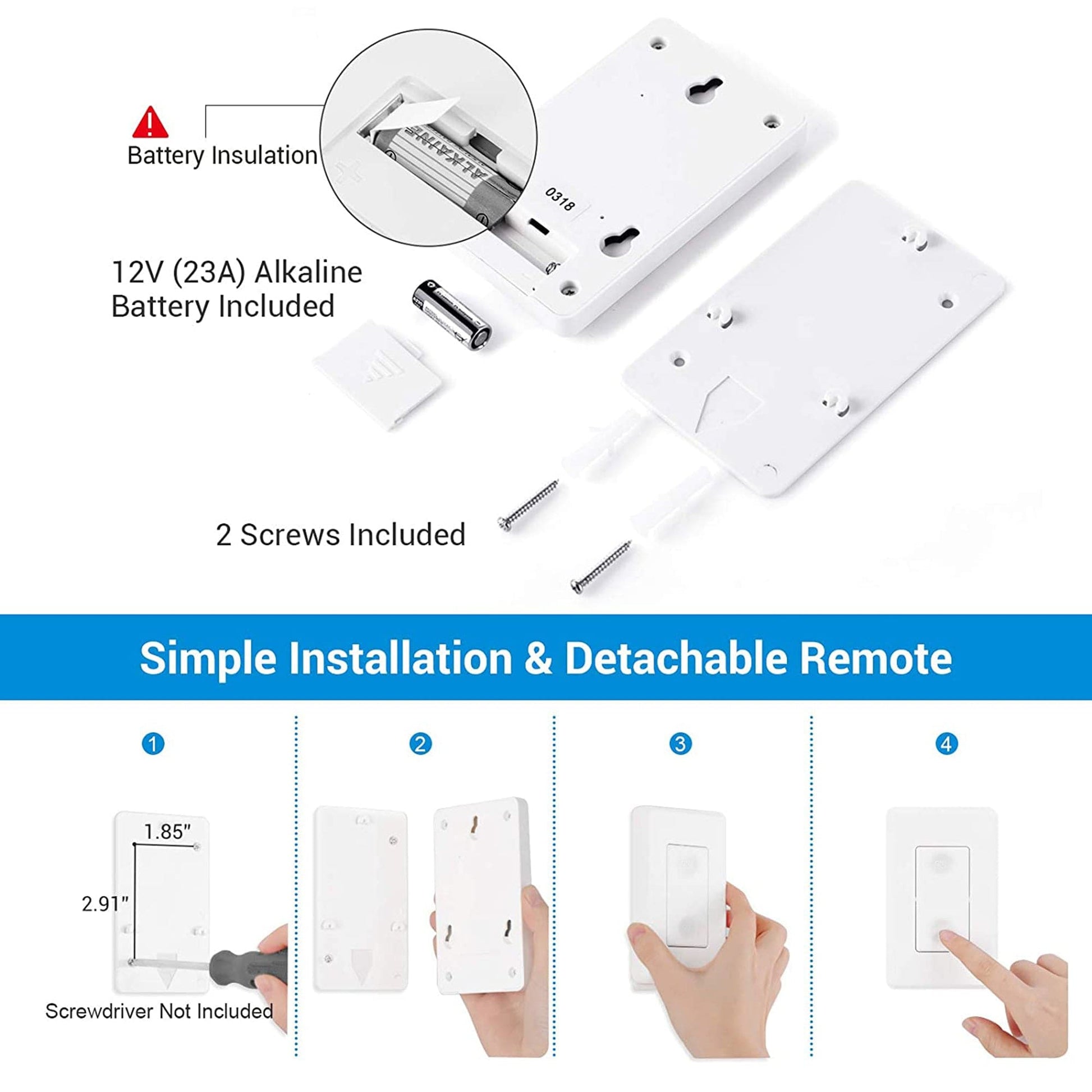 Remote Control Outlet: includes 12V (23A) alkaline battery and 2 screws, with simple installation and detachable remote for easy plug-and-play use