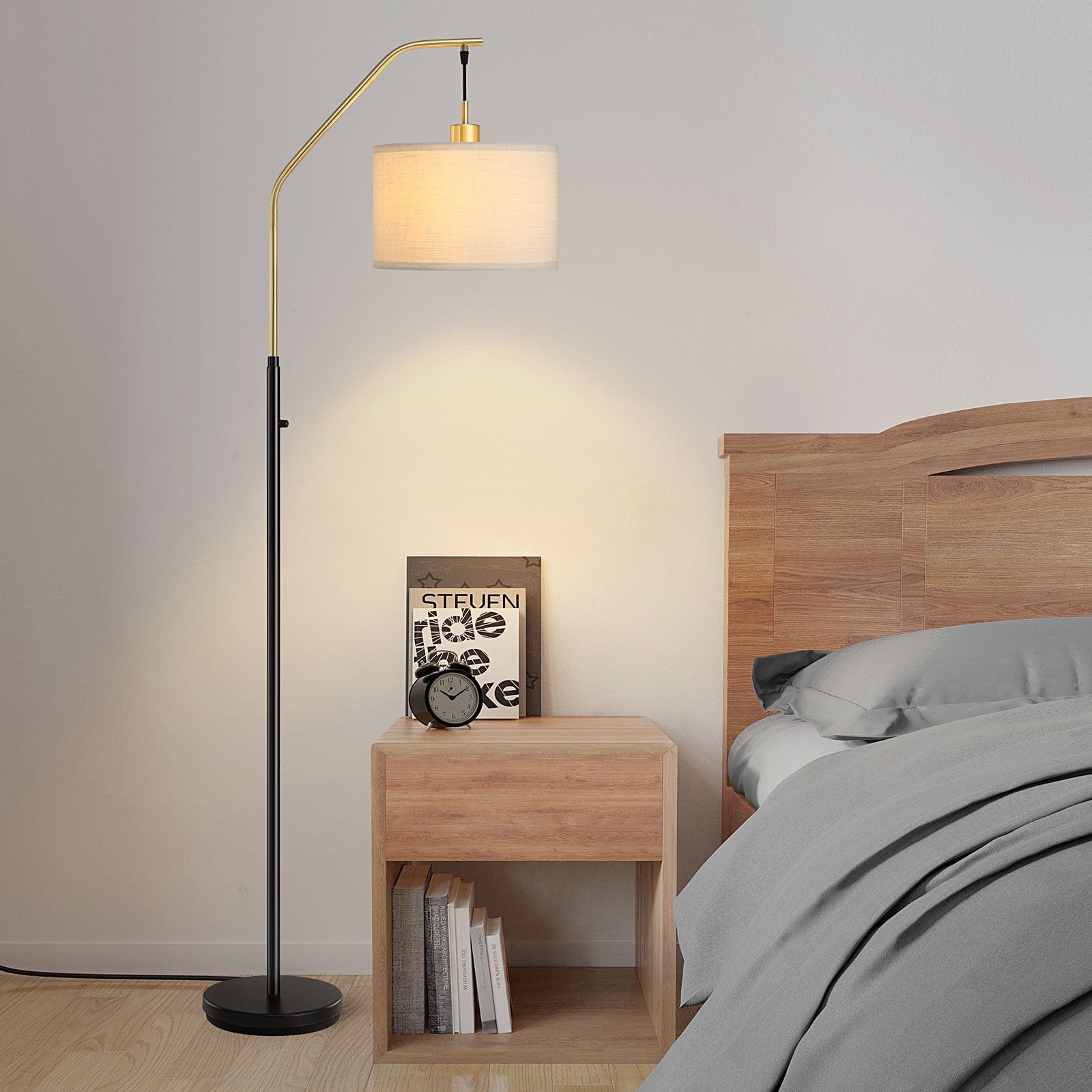 DEWENWILS Modern Gold Arched Floor Lamp, Stepless Dimmable Standing Tall Light with Hanging Shade, Corner Arc Reading Lamp for Living Room, Bedroom, Office, Bright 10W LED Bulb Included (Gold)-HLFL04L