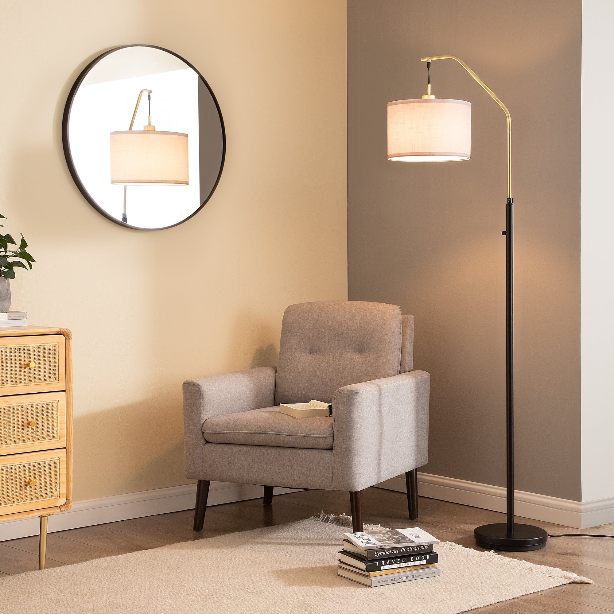 DEWENWILS Modern Gold Arched Floor Lamp, Stepless Dimmable Standing Tall Light with Hanging Shade, Corner Arc Reading Lamp for Living Room, Bedroom, Office, Bright 10W LED Bulb Included (Gold)-HLFL04L