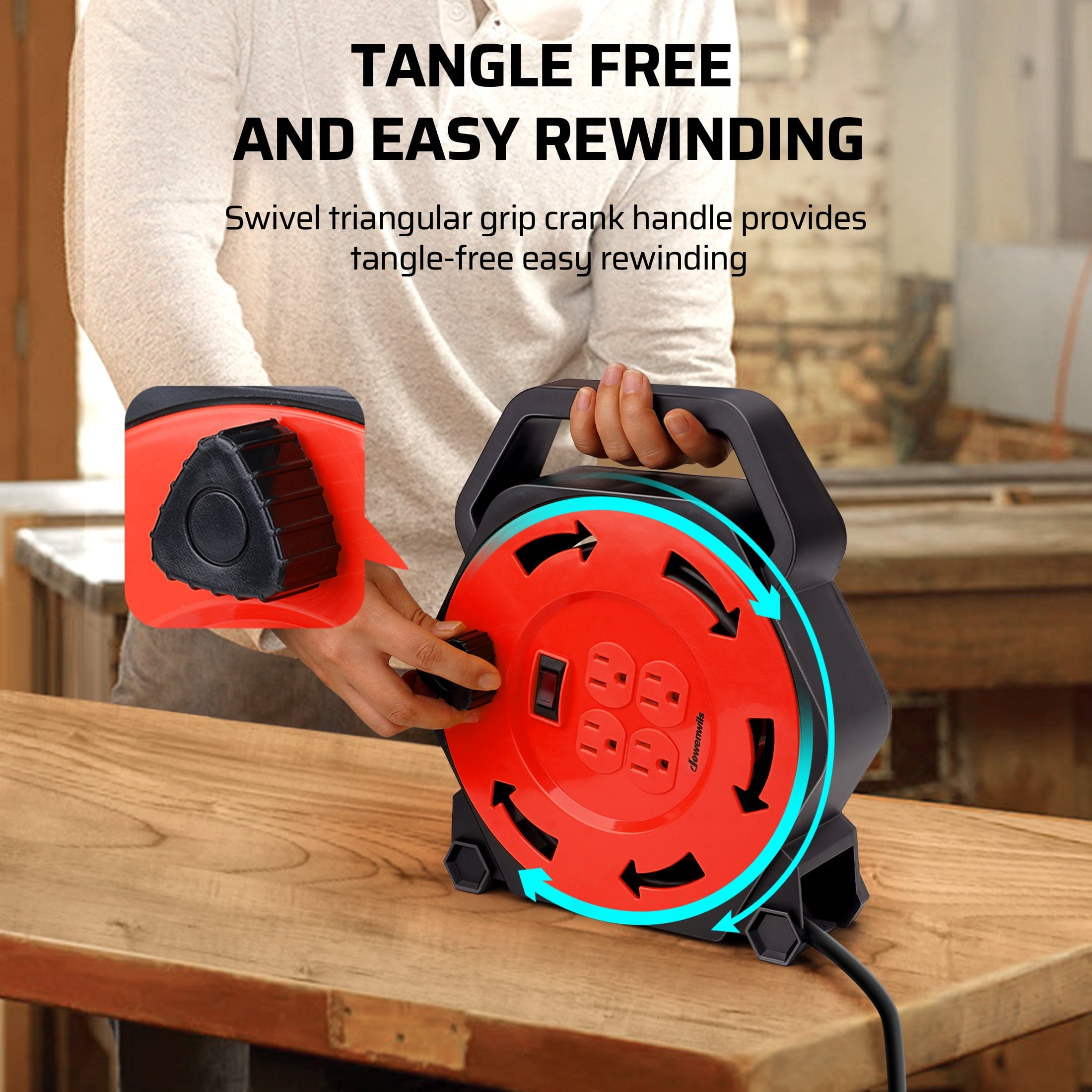 DEWENWILS Extension Cord Reel with 25 FT Power Cord, Hand Wind Retractable, 16/3 AWG SJTW, 4 Grounded Outlets, 13 Amp Circuit Breaker,Black and Red, UL Listed
