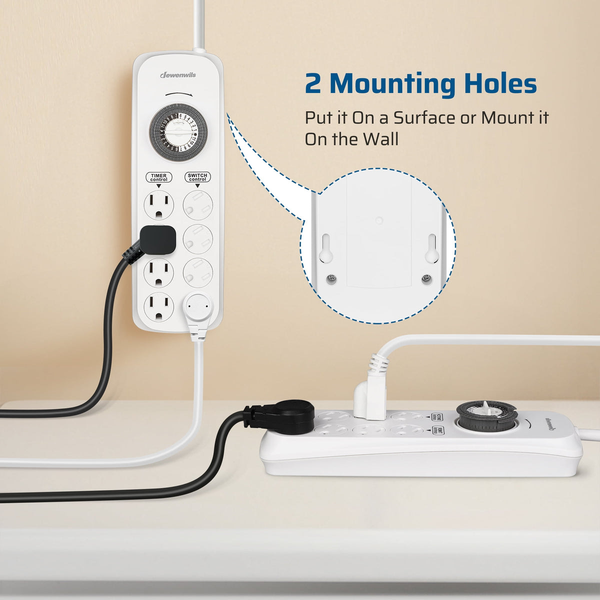 DEWENWILS Mechanical Timer Power Strip with 8 Outlets, Flat Plug, 6ft Long Cord, Overload Protection, Indoor Timer for, Bearded Dragon Tanks, Aquarium, Grow Lights, Plants, Reptile Light