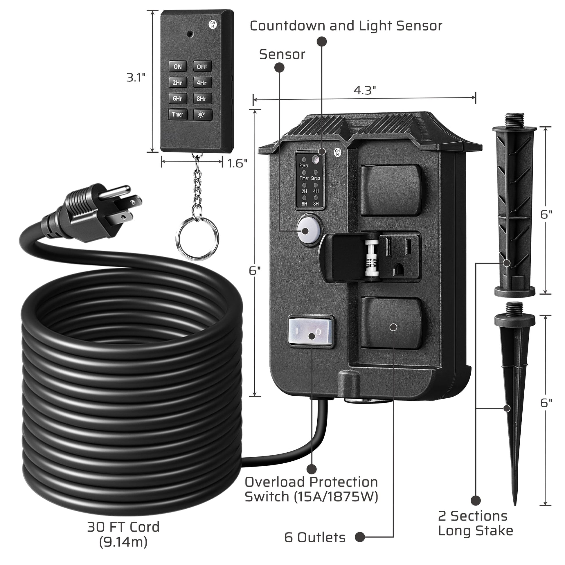 DEWENWILS Outdoor Power Stake Timer with Photocell, 100FT Remote Control, 6 Grounded Outlets, 30FT Extension Cord, Dusk to Dawn Timer for Christmas Lights, Holiday Decoration, Garden Lights