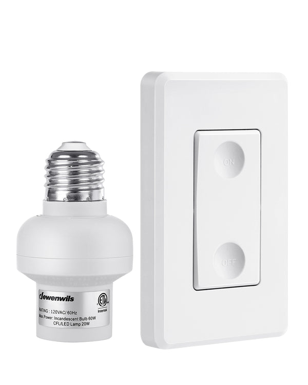 DEWENWILS Remote Control Light Bulb Socket, Wireless Light Switch for Pull Chain Light Fixture, Remote Light Socket E26 E27 Bulb Base with Wall Mounted Wireless Controller, No Wiring-HRLS11B2