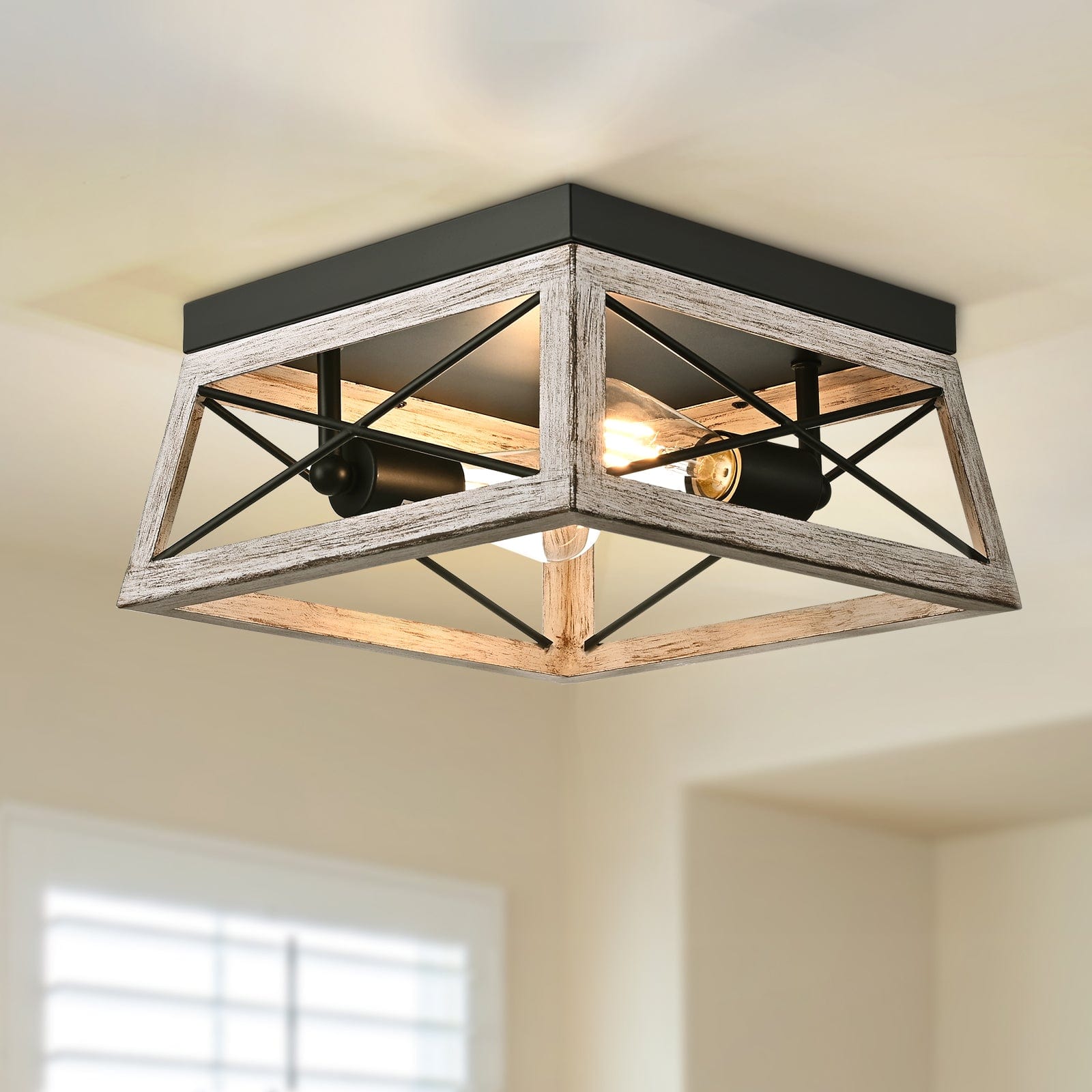 DEWENWILS Farmhouse Flush Mount Ceiling Light, Metal Ceiling Light Fixture with Wood Grain Finish, 2-Lights Hallway Light Fixture Ceiling Mount for Entryway, Foyer, Dining Room-HFCL02C