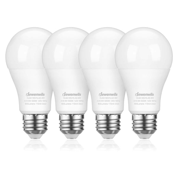 DEWENWILS 4-Pack Dusk to Dawn Light Bulbs, Automatic On/Off LED Sensor Light Bulb Outdoor, 5000K Daylight Glow, 800LM Bright Light Bulb, 9W(60W Equivalent), E26 Base-HLBA19G