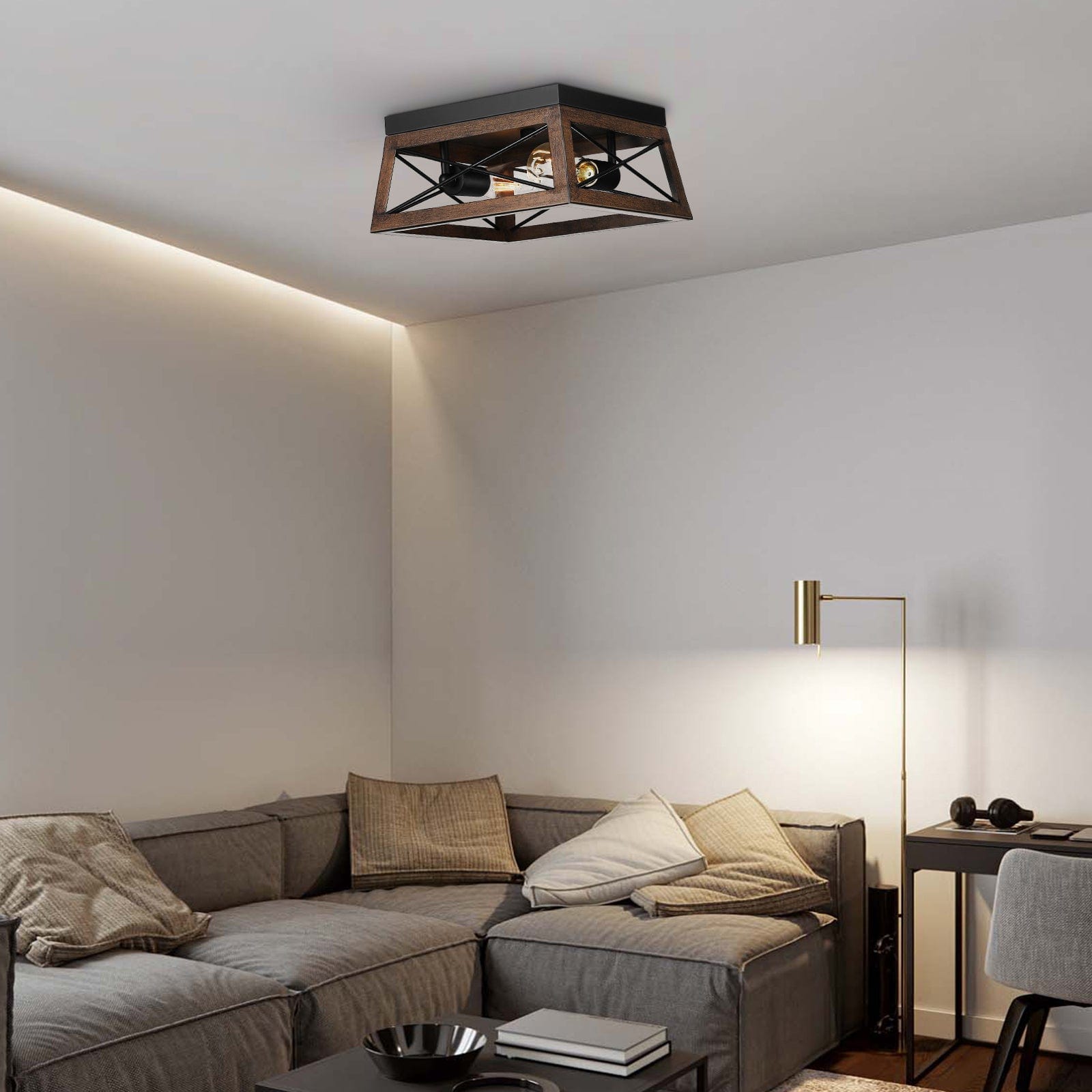 DEWENWILS Farmhouse Ceiling Light Fixture, Metal Flush Mount Ceiling Light with Wood Grain Finish, 2-Lights Ceiling Lamp for for Hallway, Entryway, Kitchen, Foyer-HFCL02B