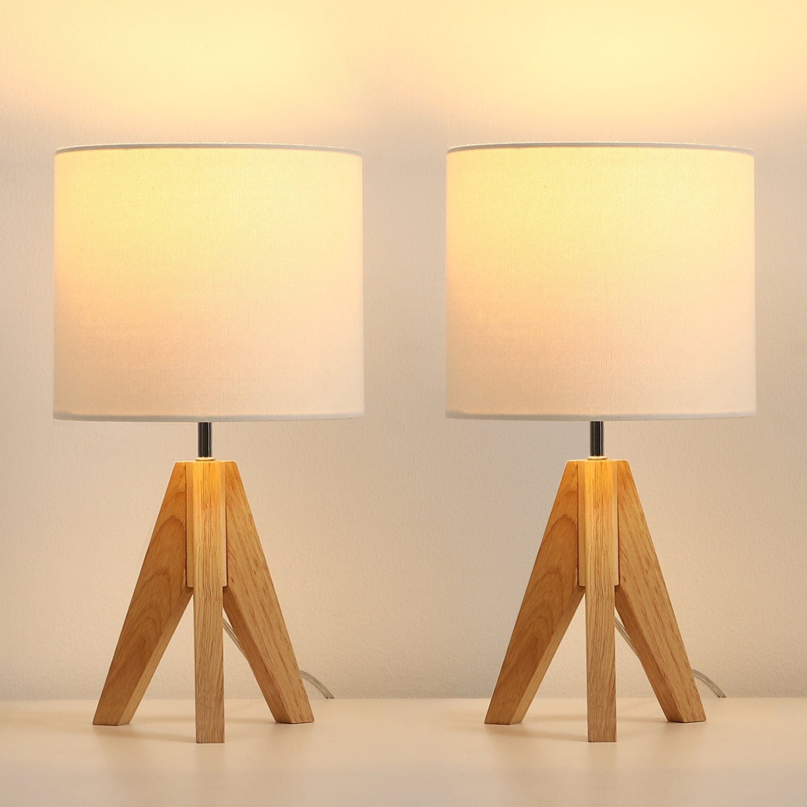 DEWENWILS 14.2 inches Table Lamp, Wooden Tripod Table Lamp with White Linen Fabric Shade, 2 Pack Table Lamp for Living Room, Bedroom, Side Table, Nursery, Office-HLTL05J