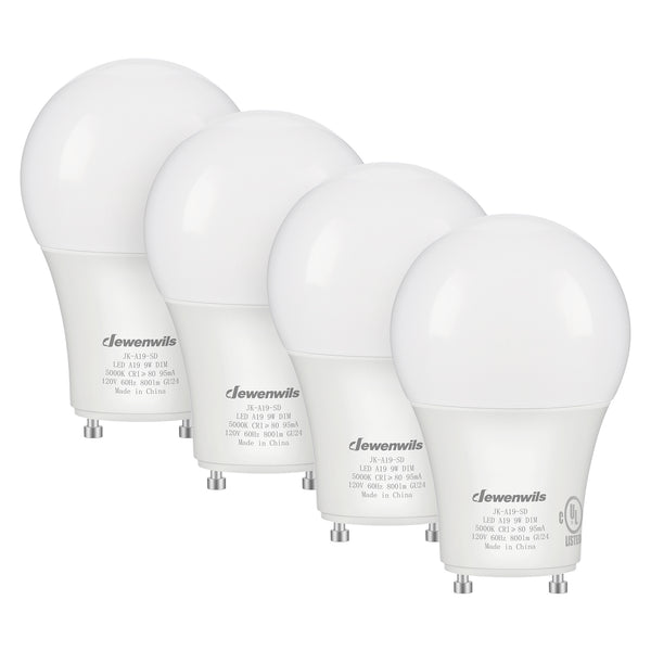 DEWENWILS GU24 LED Light Bulb, 60W Equivalent, Dimmable 2 Prong Light Bulbs, 5000K Daylight White, 9W 800 Lumens, A19 Shape Bulbs, GU24 Twist Lock Base (4 Pack)-HDGU24B