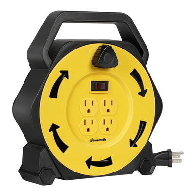 DEWENWILS 25ft Extension Cord Reel, Hand Wind Retractable, 16/3 AWG SJTW, 4 Grounded Outlets, 13 Amp Circuit Breaker, Yellow, Black-F1HCRB25A