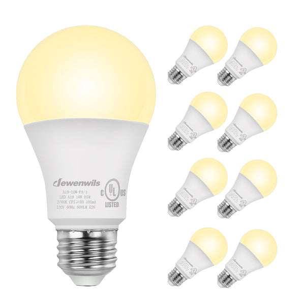 DEWENWILS 8-Pack Dimmable LED A19 Light Bulb, Soft White Light with Warm Glow, 800 Lumen, 2700K, 10W (60 Watt Equivalent), E26 Medium Screw Base-HDLA19E