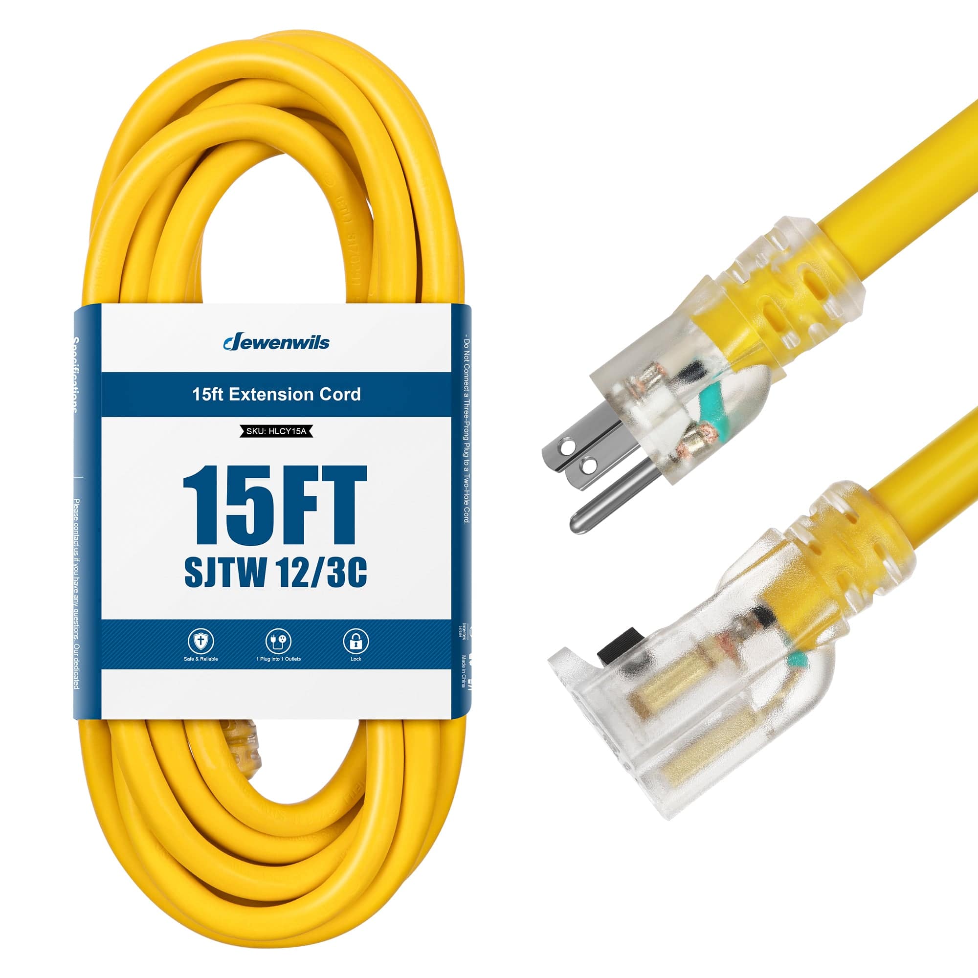 DEWENWILS 15ft Indoor/Outdoor Extension Cord with Lock, 12/3 Gauge SJTW 15 Amp Yellow Outer Jacket Contractor Grade Heavy Duty Anti-Shedding Power Cable with LED Lighted Plug-HLCY15A