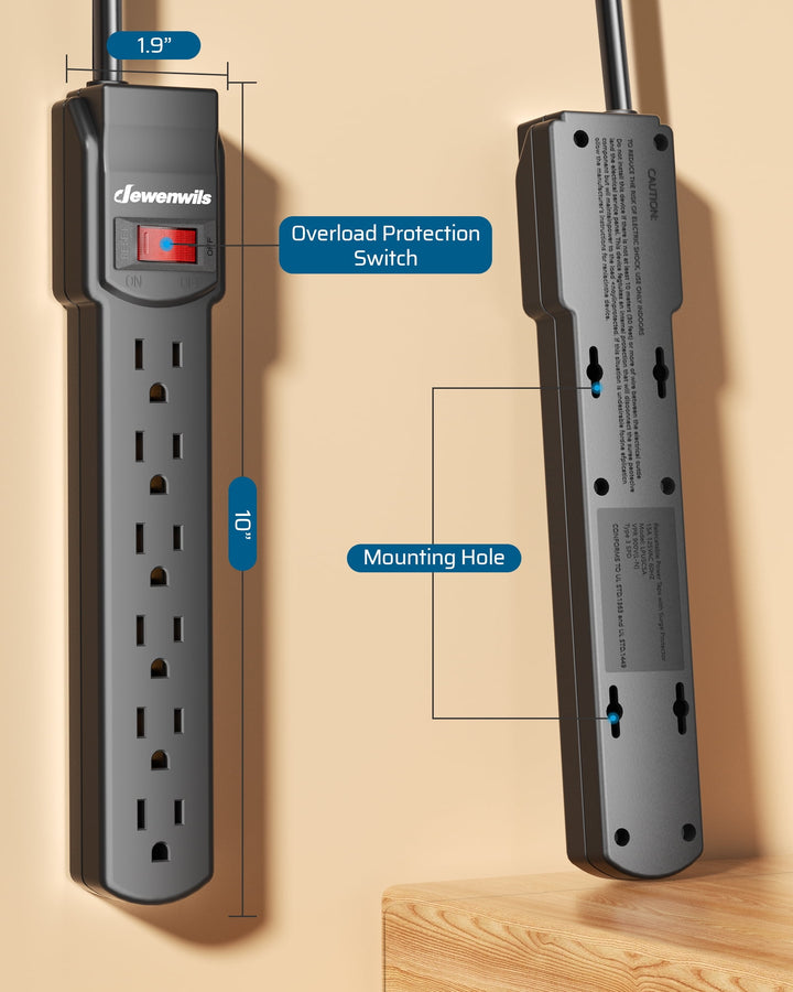 DEWENWILS 2Pack 15A 125V 800J Surge Protector Power Strips 6ft Heavy Duty SJT Cord, 360° Flat Plug, ETL Certified, Black