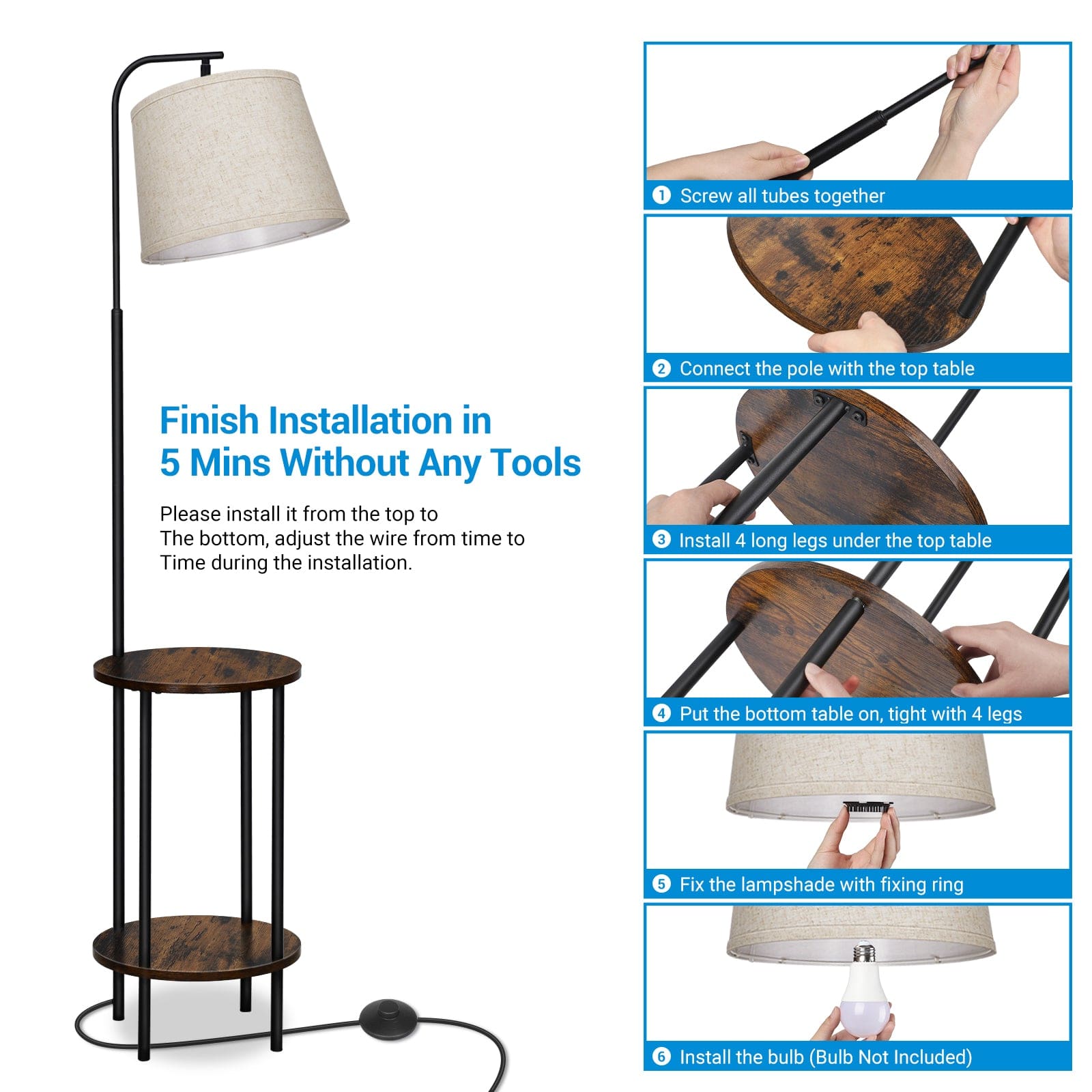 DEWENWILS Floor Lamp with Table Attached, Farmhouse Narrow Nightstand, Wooden End Side Table Floor Lamp, Adjustable Reading Lamp-HLFL06E