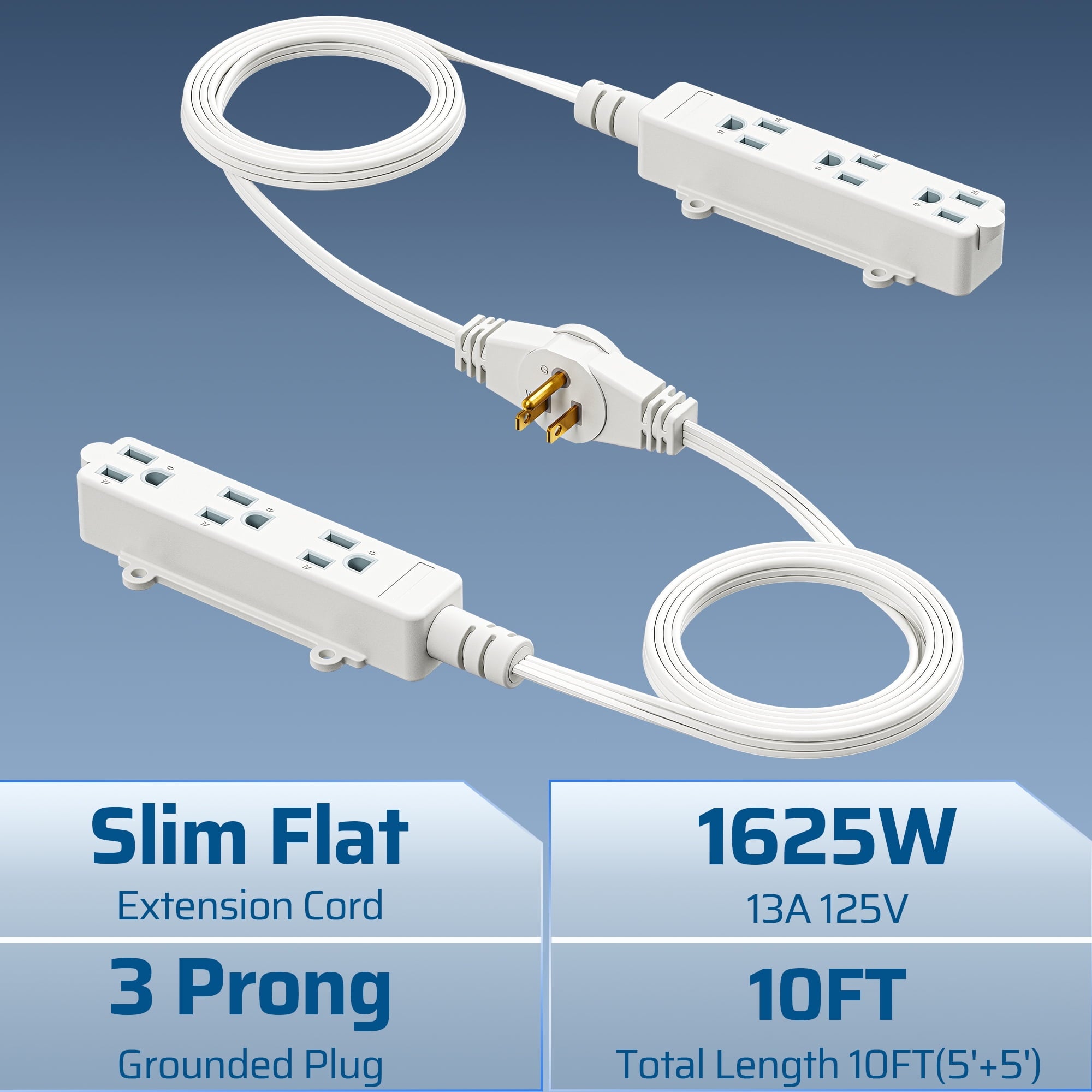 DEWENWILS 10ft (5+5) Twin Extension Cord for Indoor 3 Prong 16/3 AWG Power Strip, SPT-3 5ft Each Side with 3 Outlets
