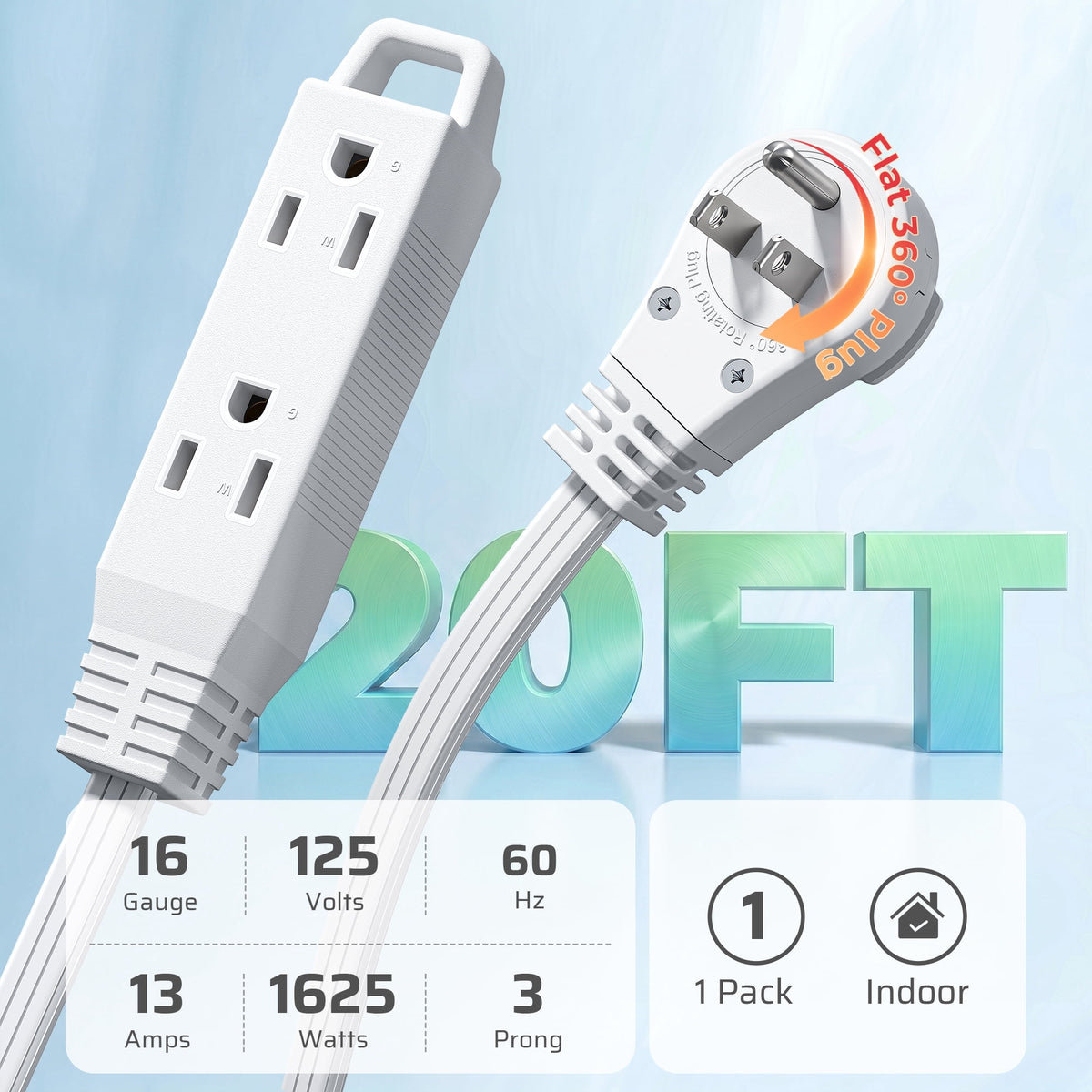DEWENWILS 20FT 360° Rotating Flat Plug Extension Cord 3 Prong 16 AWG Grounded Power Strip Power Cable