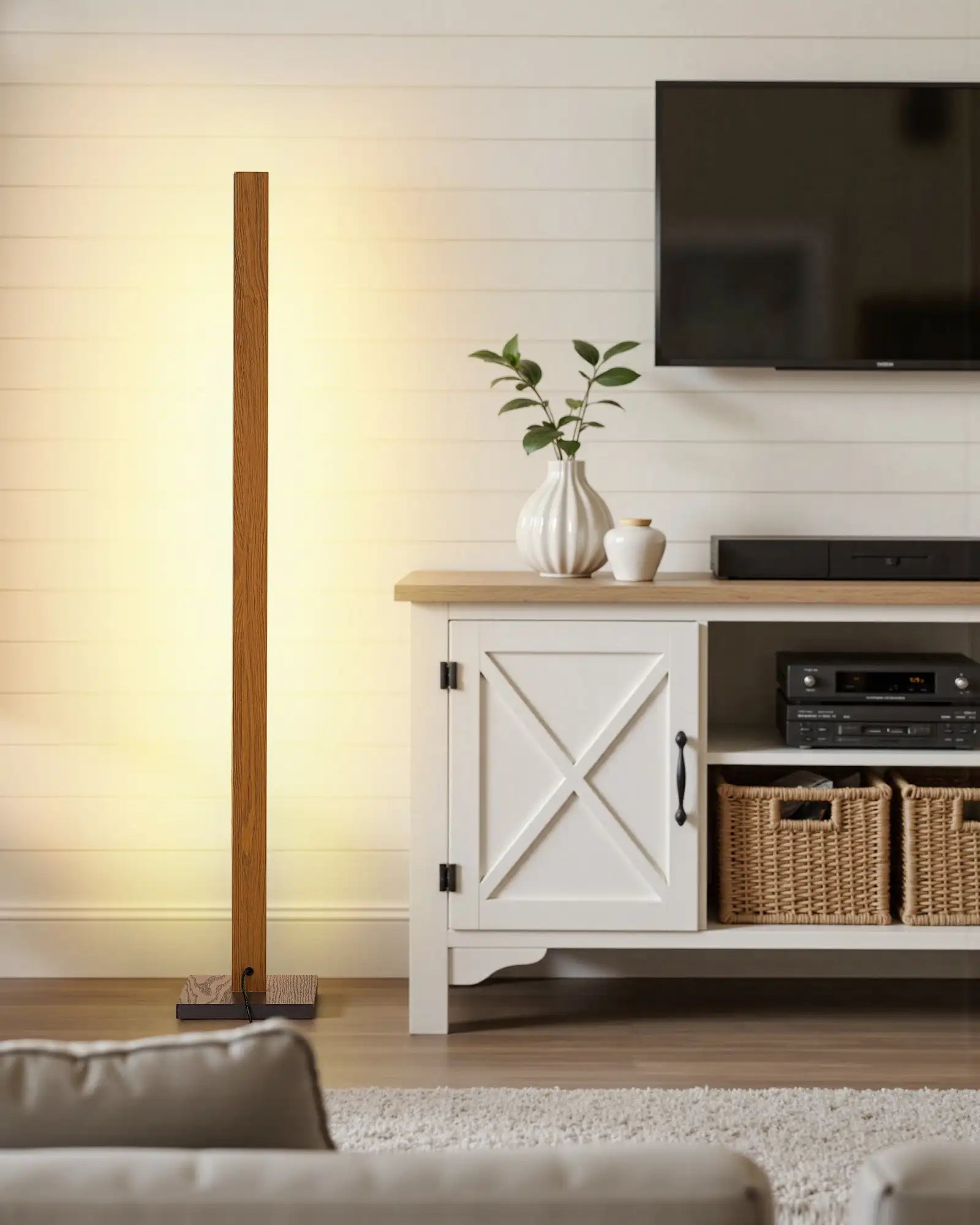 Minimalist Wooden LED Corner Floor Lamp with Remote & Stepless Dimming